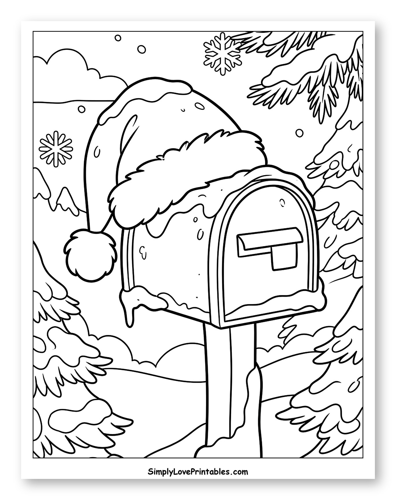 Winter Mailbox Wearing a Santa Hat to Color for Kids