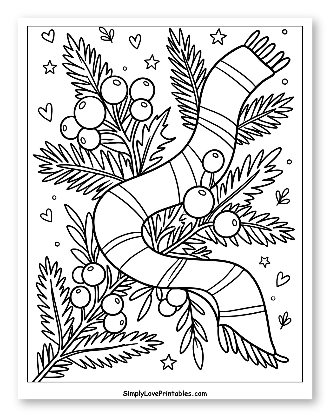 Winter Scarf Wrapped Around Fir Branches Coloring Sheet for Adults