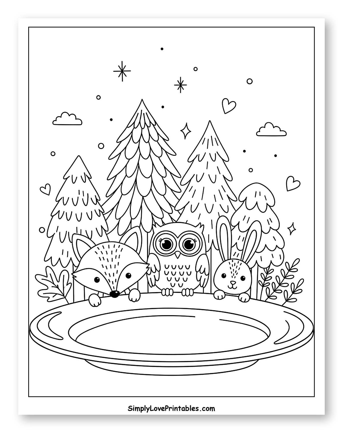 Winter Woodland Friends with a Plate to Color for Adults