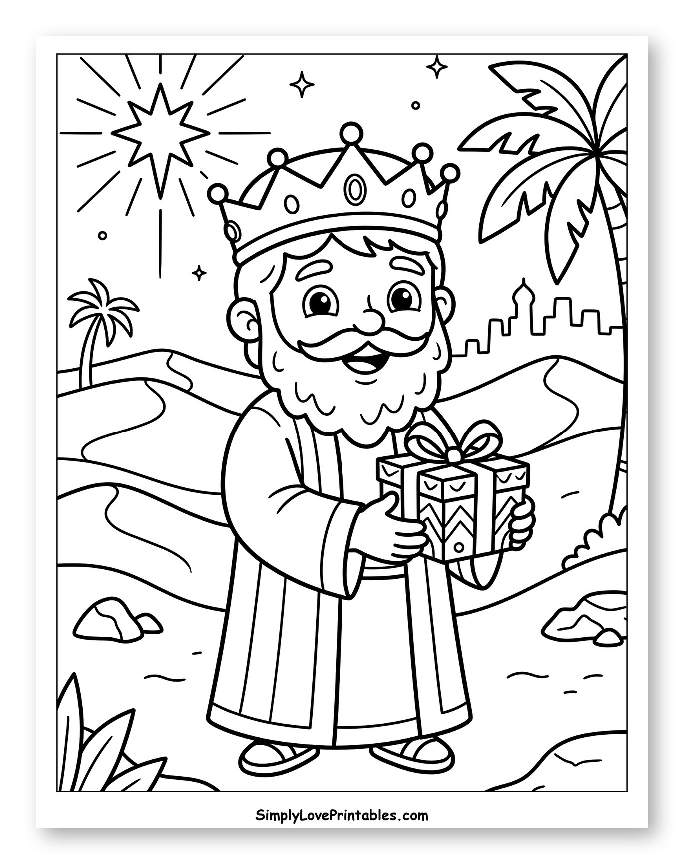 Wise Man King Holding Gift in Desert to Color for Kids