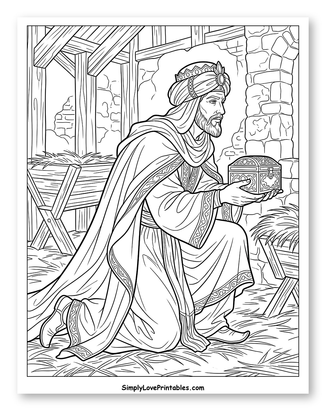 Wise Man Kneeling with a Gift Box Coloring Sheet
