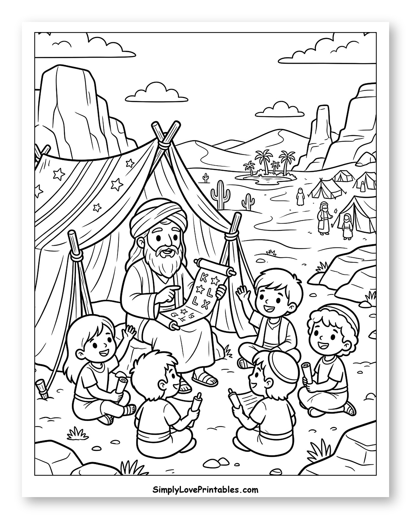 Wise Man Teaching Children Outdoors in Desert Coloring Sheet for Kids