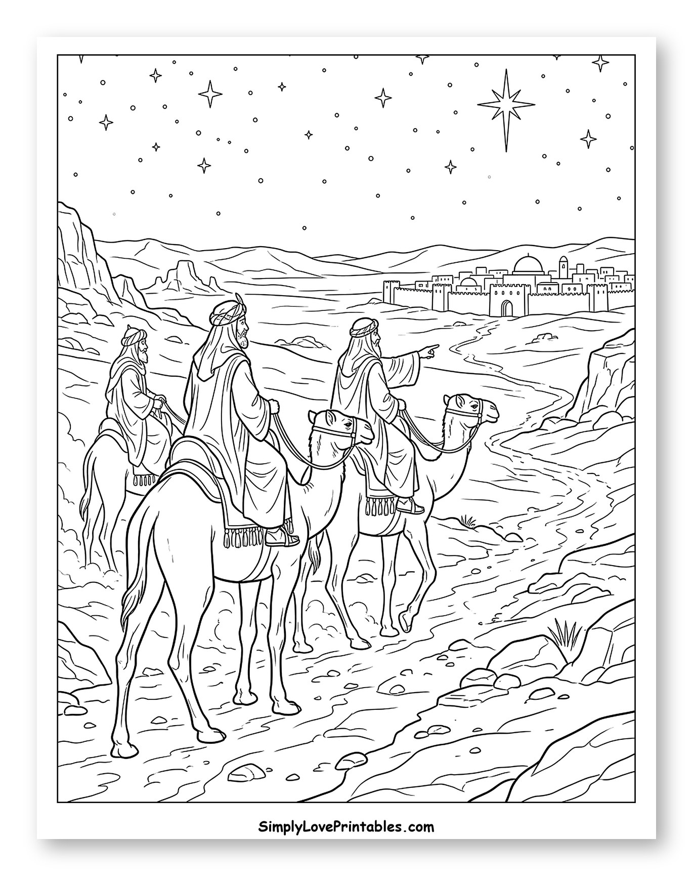 Wise Men on Camels Following the Star Coloring Sheet
