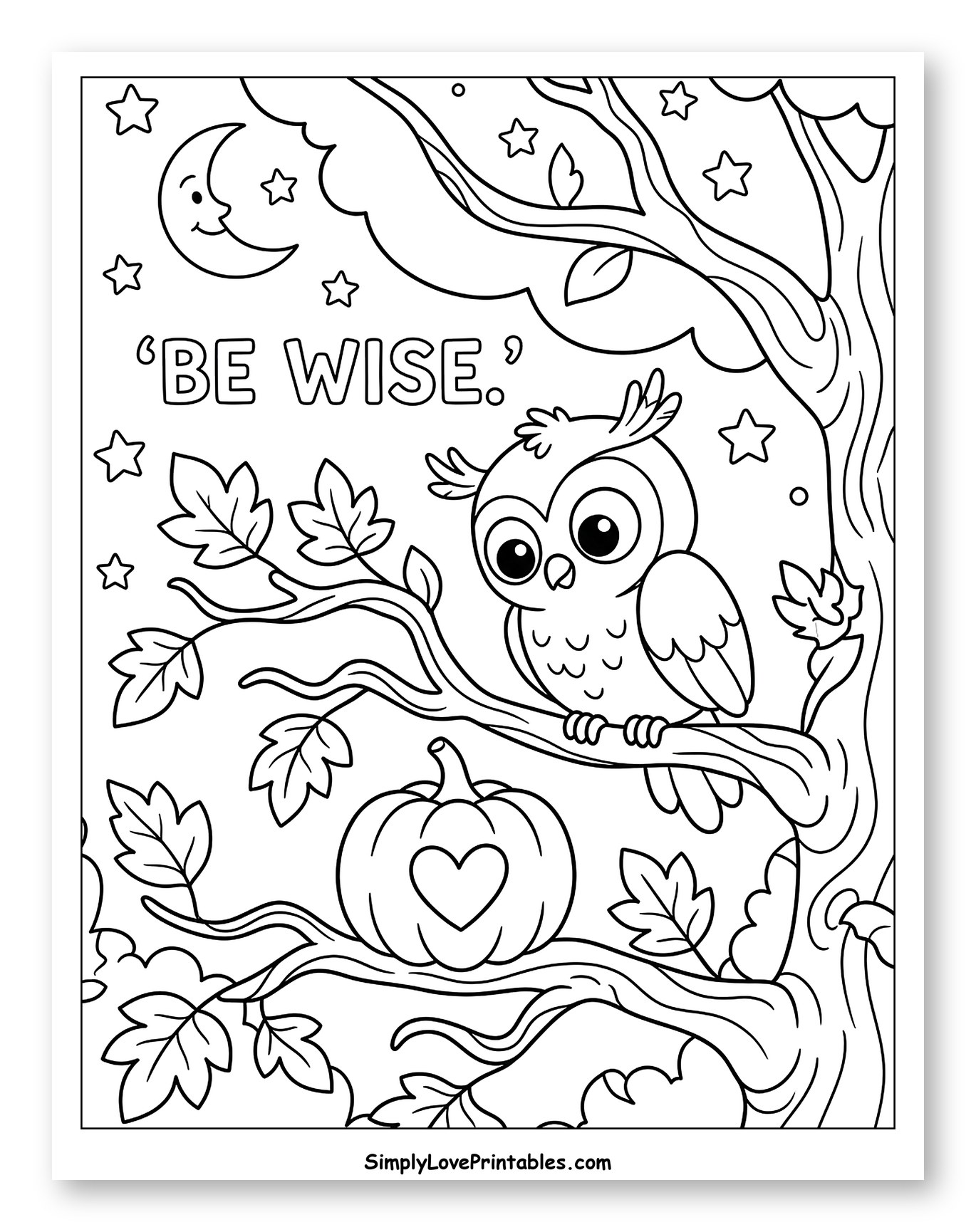 Wise Owl, Pumpkin, Moon, and Stars Coloring Sheet for Kids