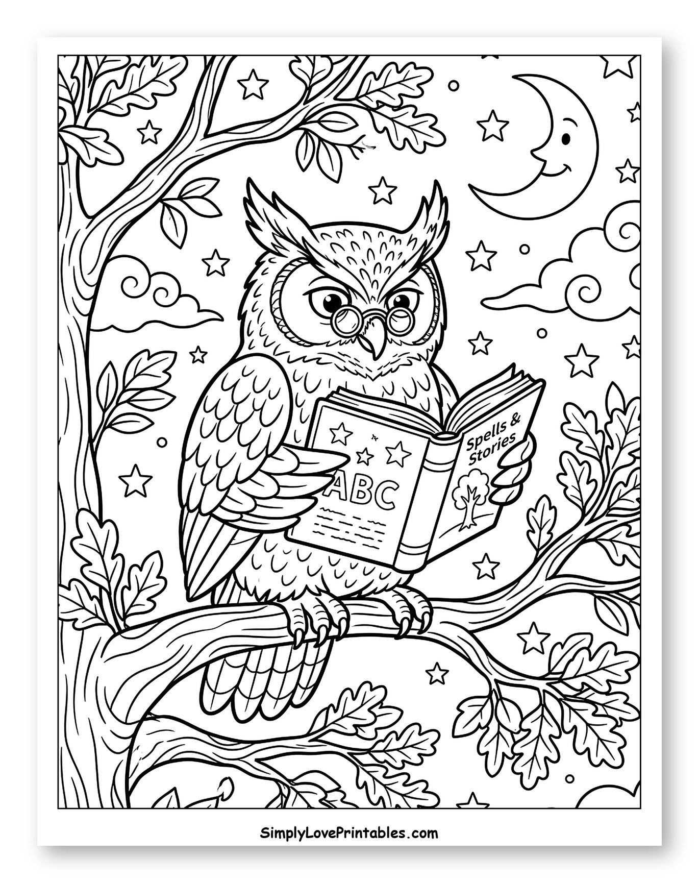 Wise Owl Reading a Book Under Moonlight Coloring Page for Kids