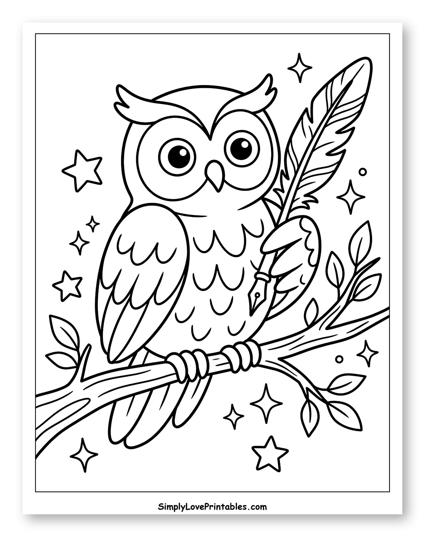 Wise Owl with Quill Pen on Branch to Color for Adults