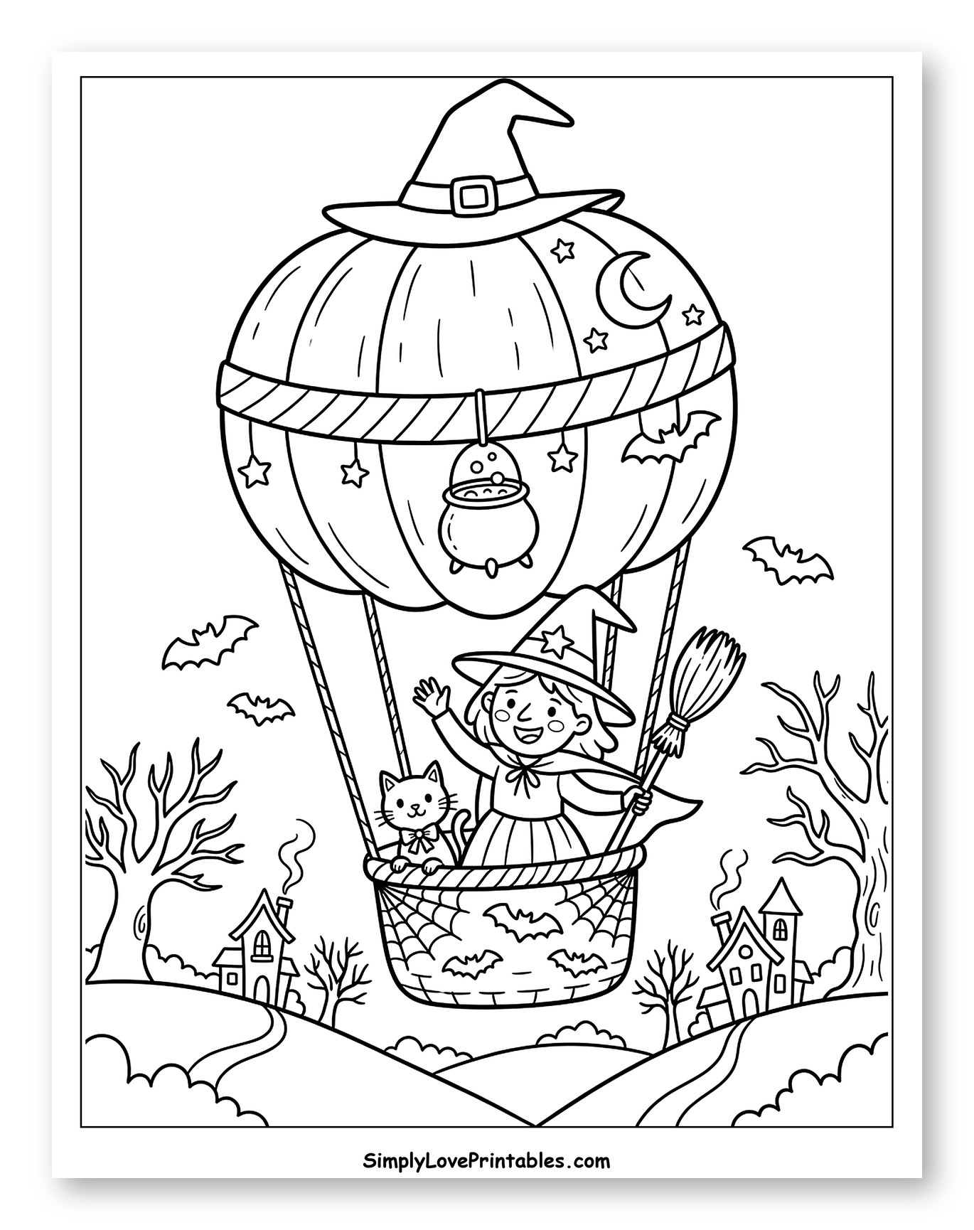 Witch and Cat in Halloween Hot Air Balloon