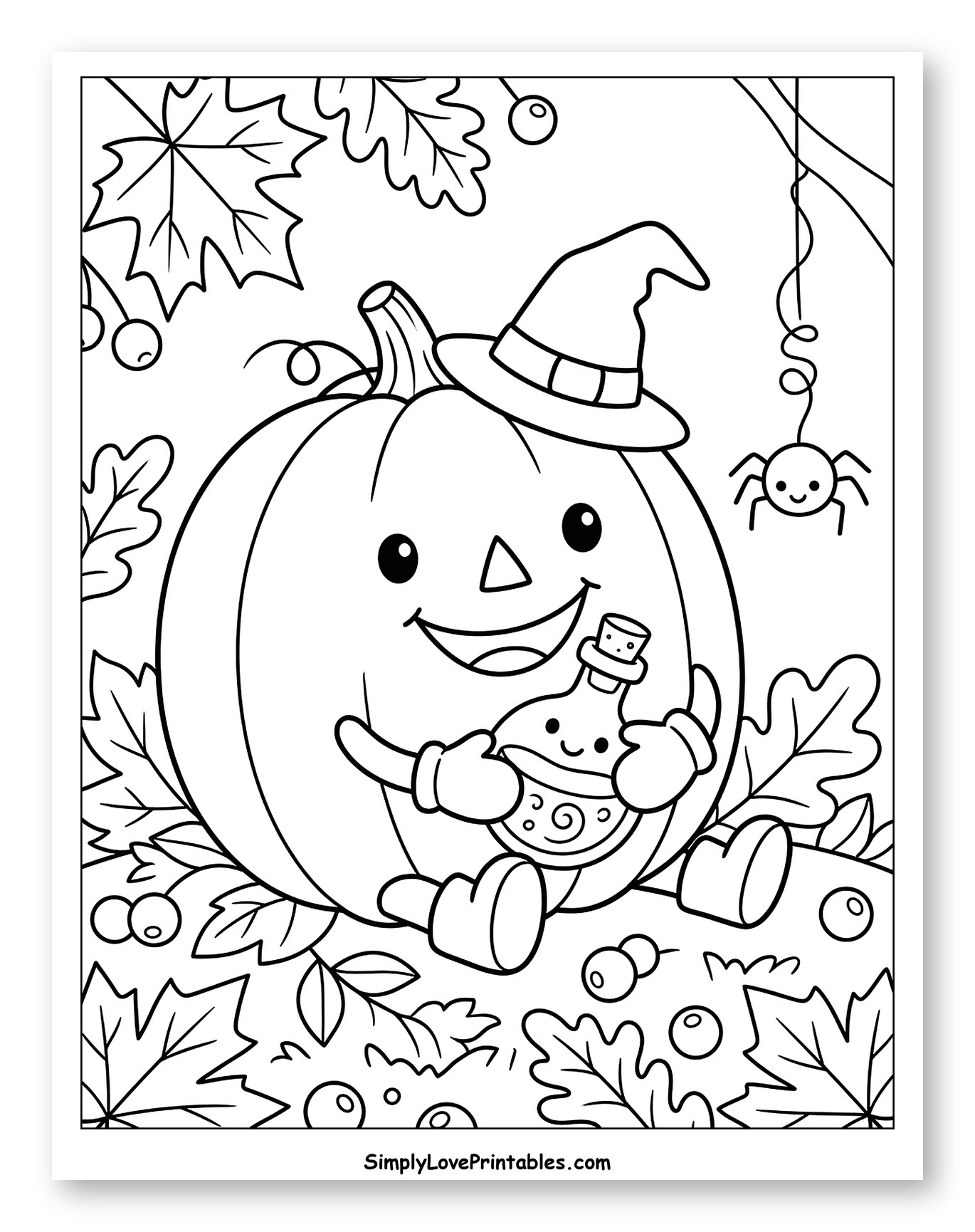 Witch Hat Pumpkin Holding Potion Bottle Coloring Page for Kids