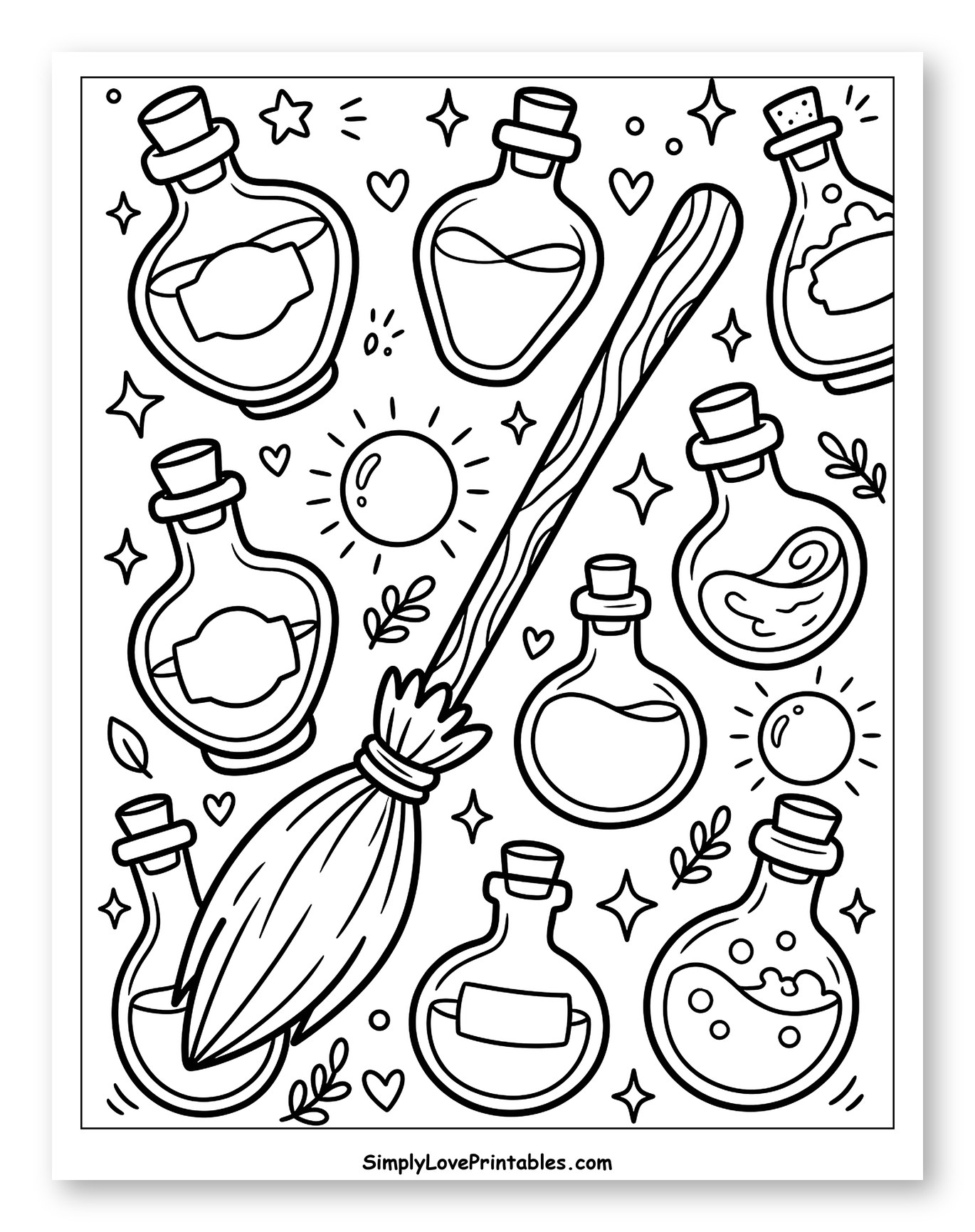 Witch's Broomstick and Magical Potion Bottles Coloring Page for Adults