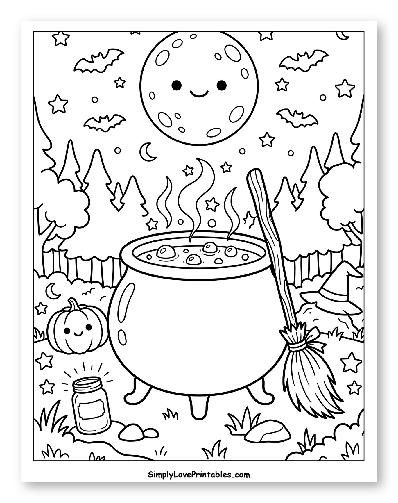 Witch's Cauldron with Happy Moon and Pumpkin