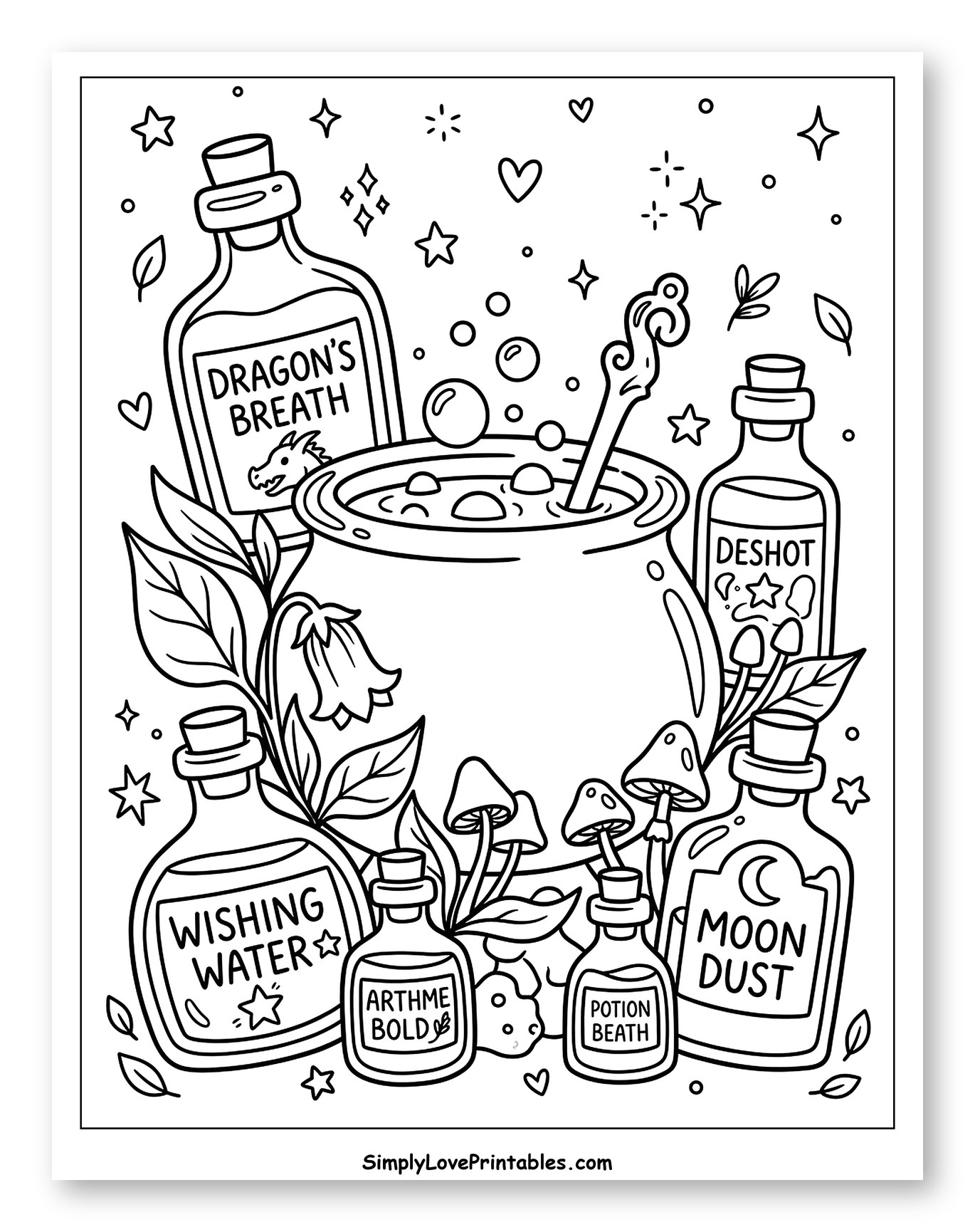 Witch's Cauldron with Magic Potions and Ingredients