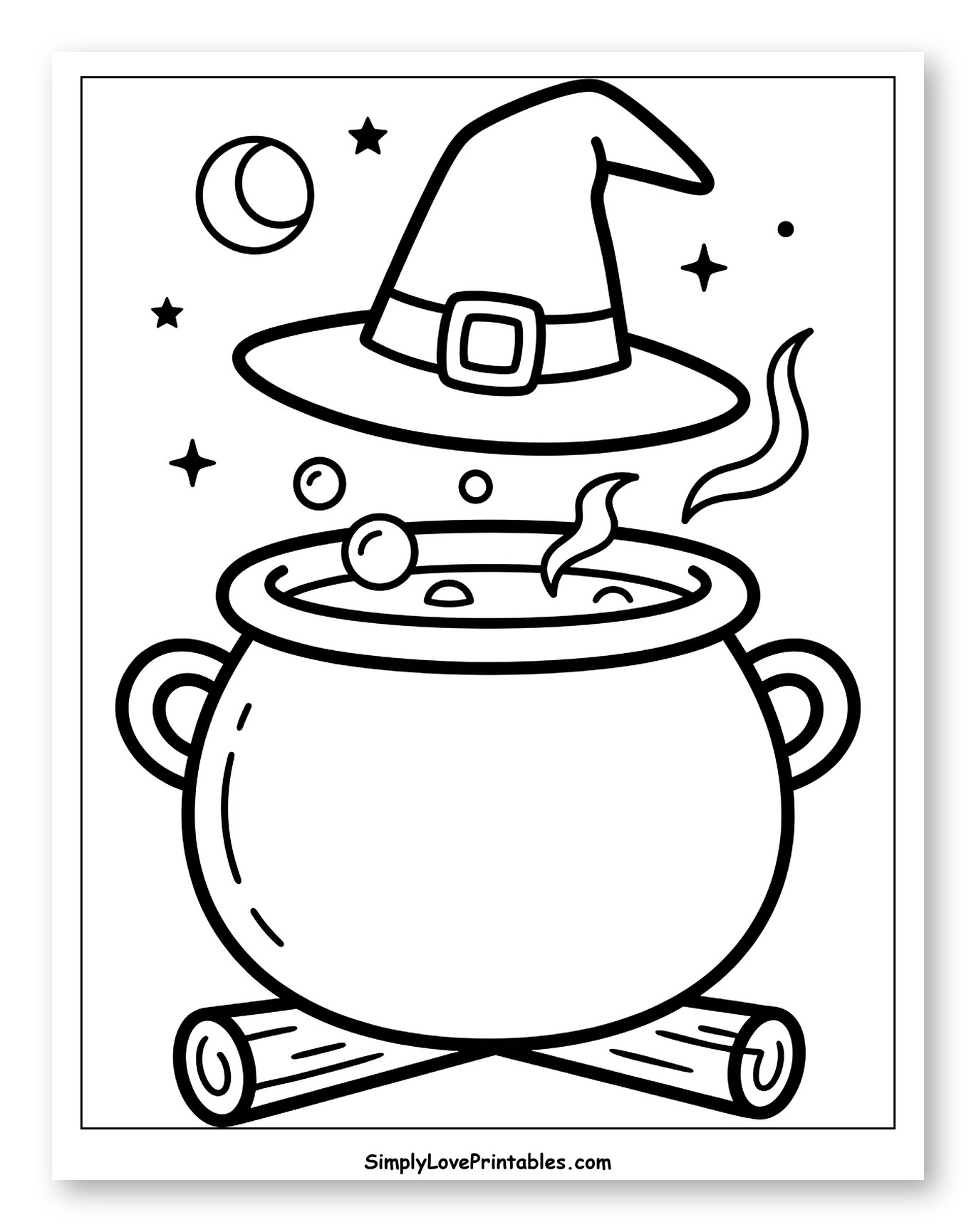 Witch's Hat Above Bubbling Cauldron to Color for Toddlers