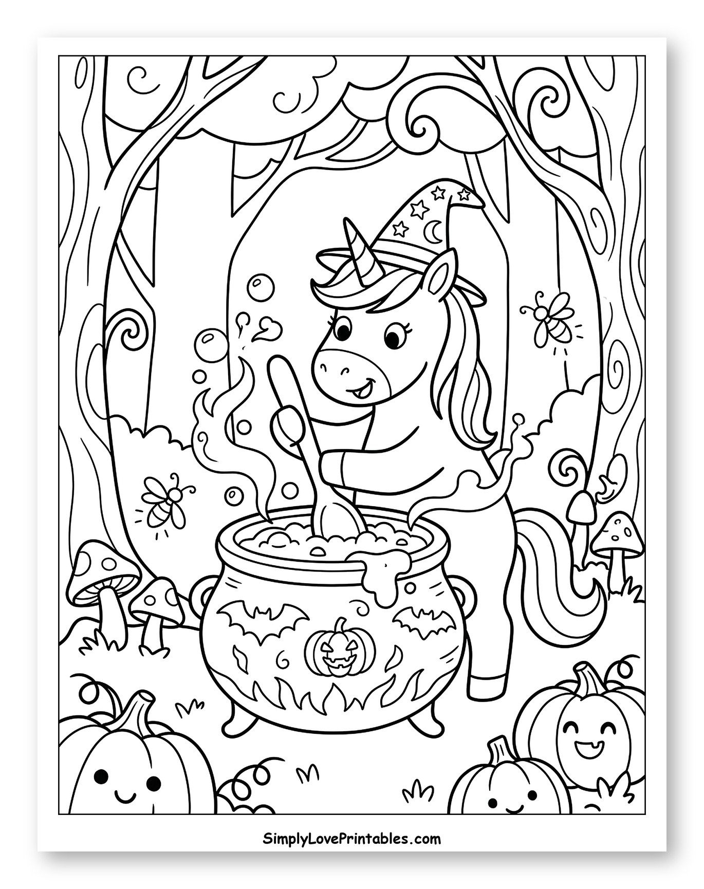 Witch Unicorn Stirring a Halloween Cauldron
