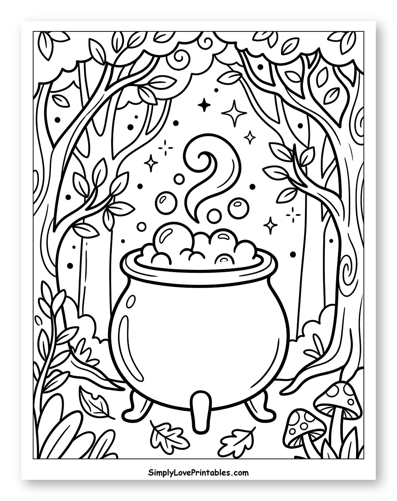 Witches' Cauldron in a Magical Forest Coloring Page for Adults