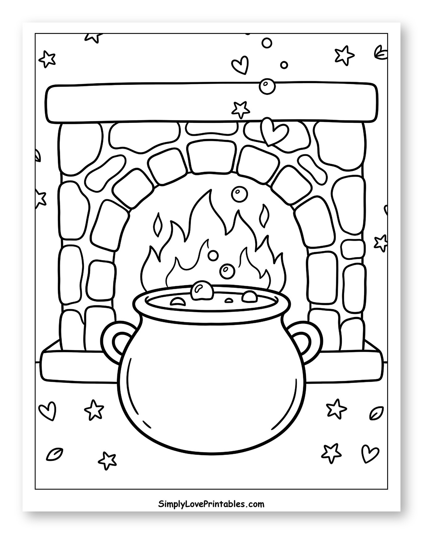 Witchy Cauldron in Fireplace with Hearts and Stars