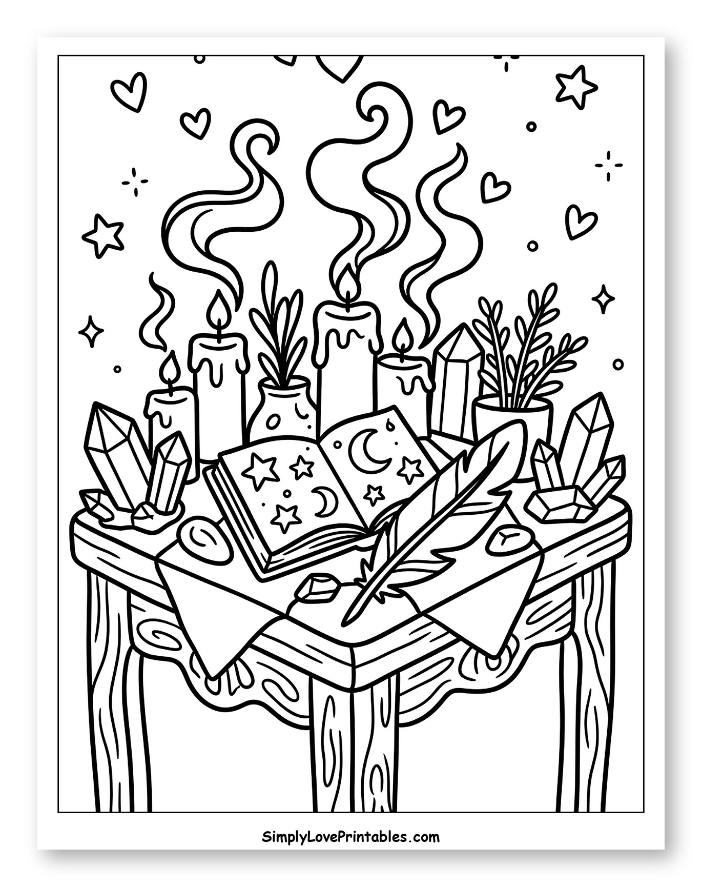 Witchy Table with Candles, Crystals, and Grimoire