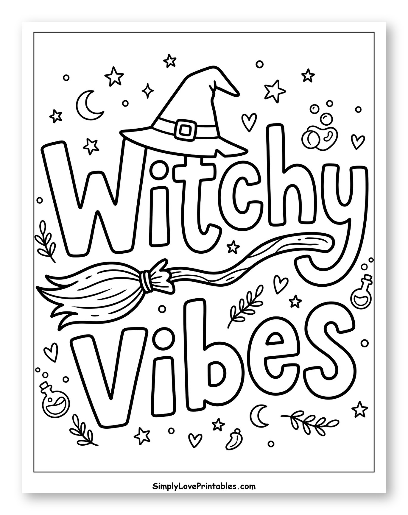 Witchy Vibes with Hat and Broomstick to Color for Adults