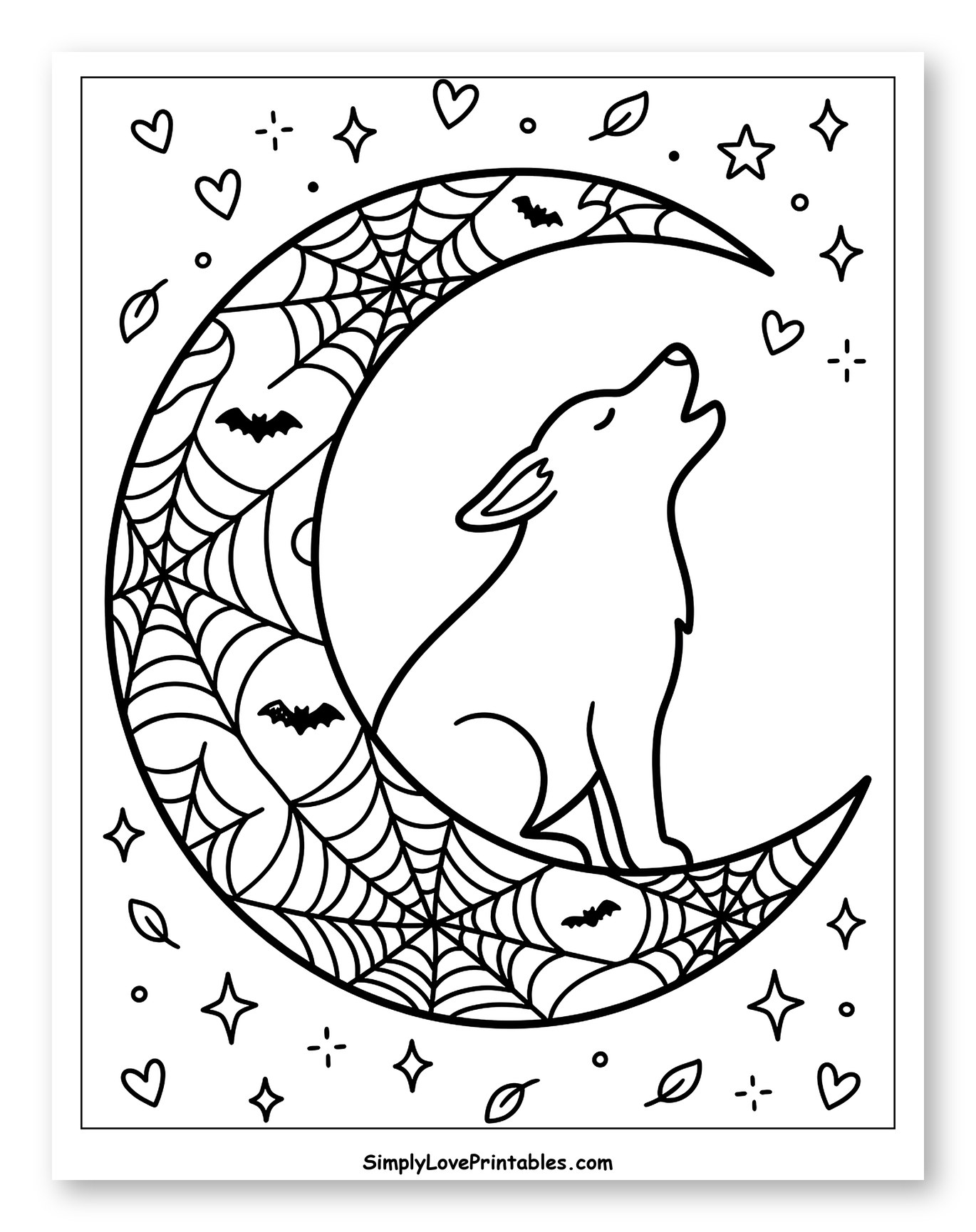 Wolf Howling at Spiderweb Crescent Moon Coloring Page for Adults