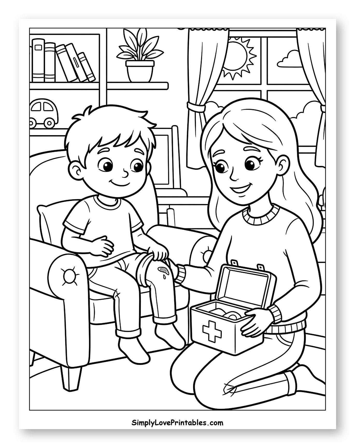 Woman Bandaging Boy's Scraped Knee to Color for Kids