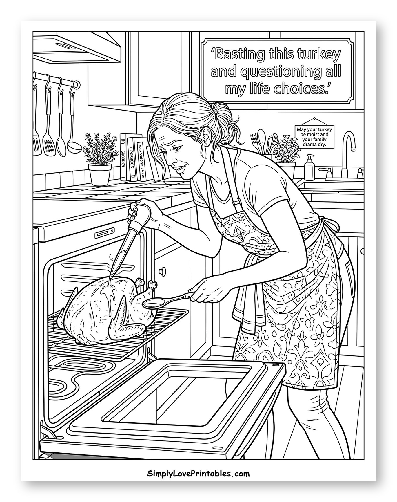 Woman Basting a Thanksgiving Turkey Coloring Sheet
