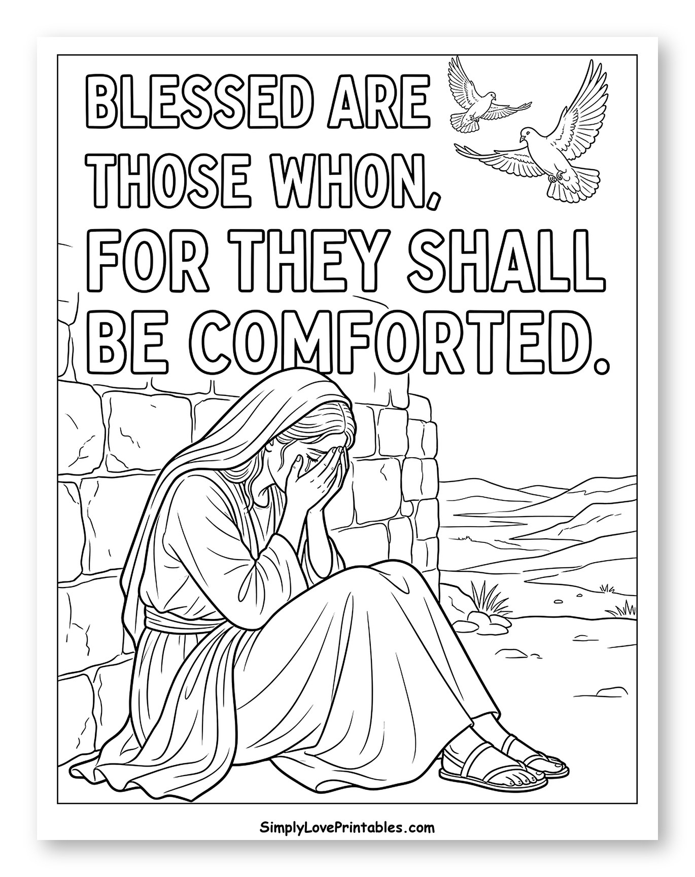 Woman Crying by a Wall with Doves
