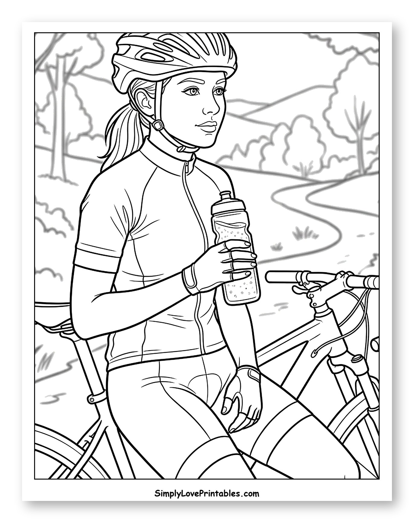 Woman Cyclist Resting with Water Bottle Coloring Sheet