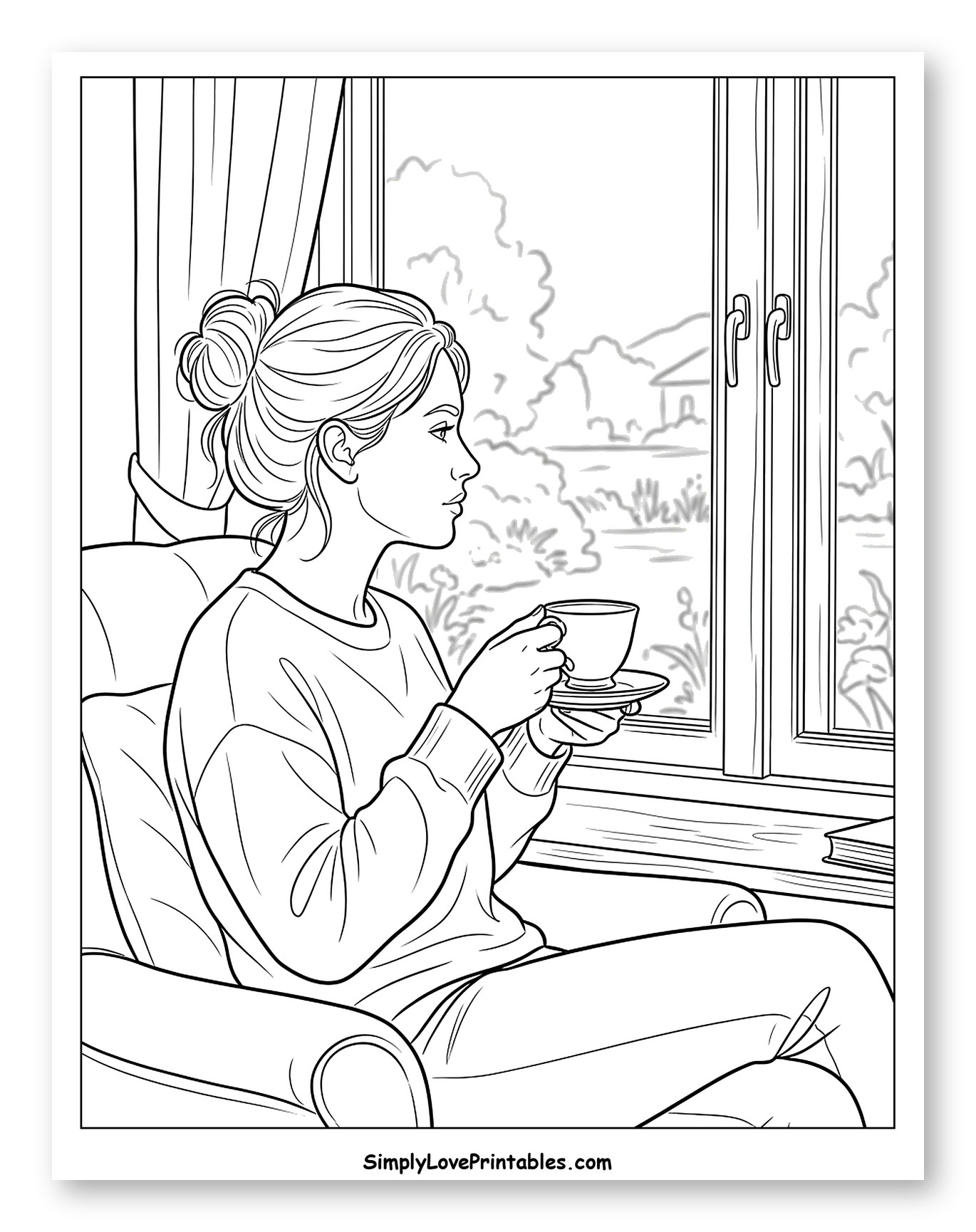 Woman Enjoying Tea by a Window Coloring Sheet