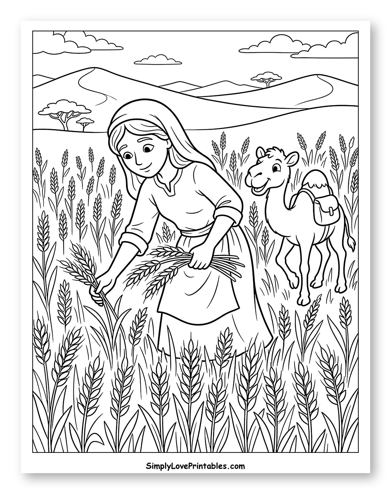 Woman Harvesting Wheat with a Friendly Camel