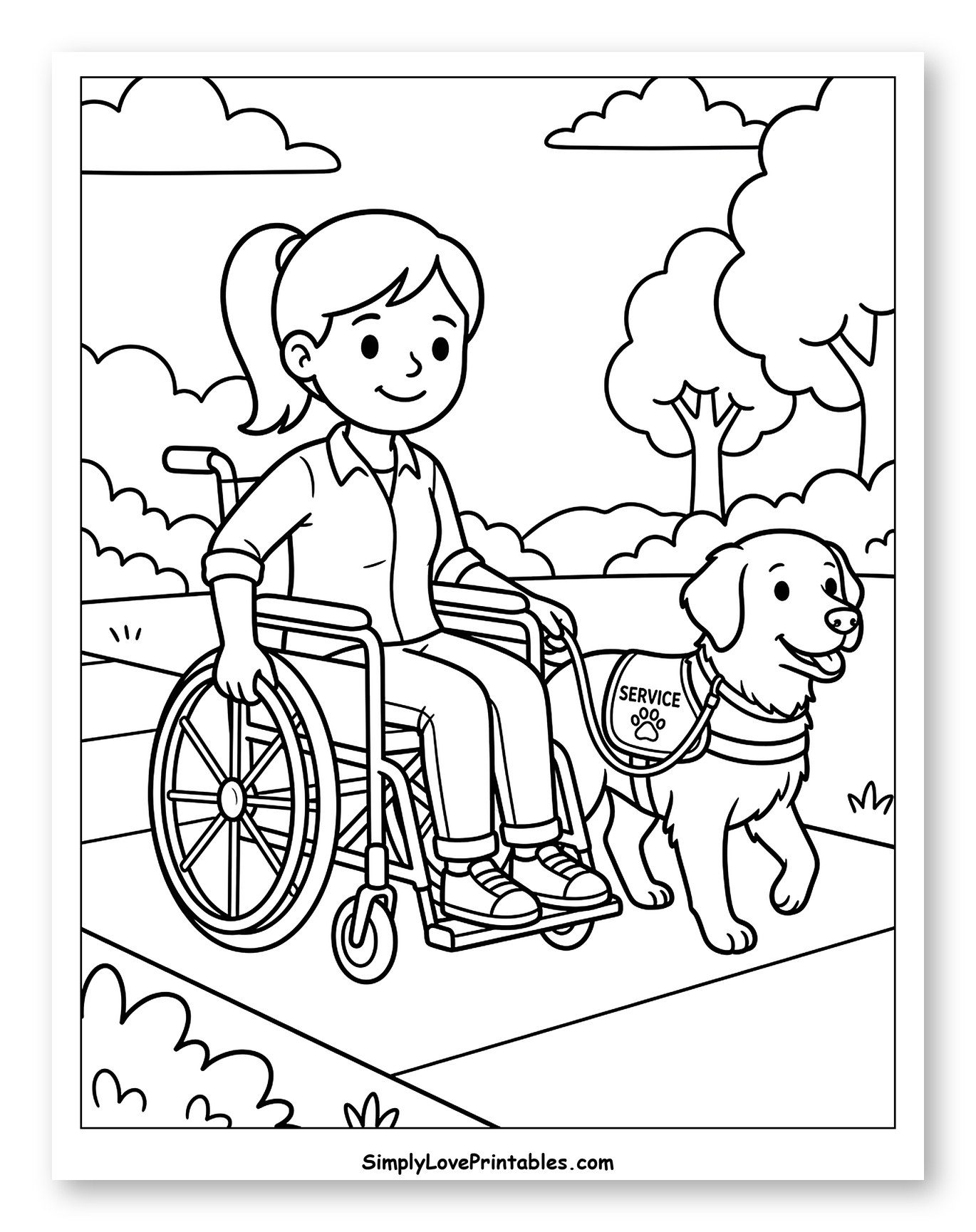 Woman in Wheelchair with Service Dog Outdoors to Color for Kids