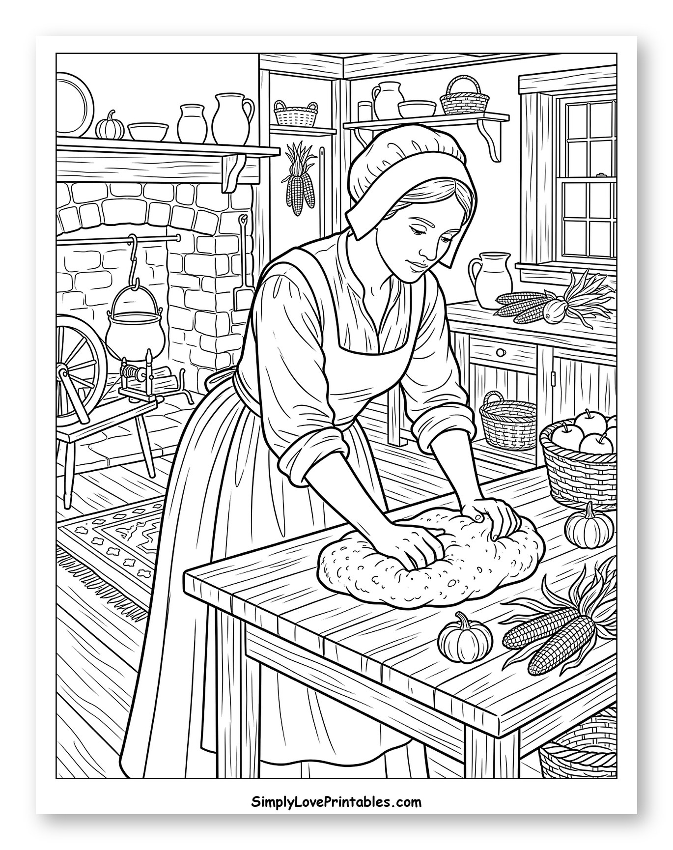 Woman Kneading Dough in a Colonial Kitchen