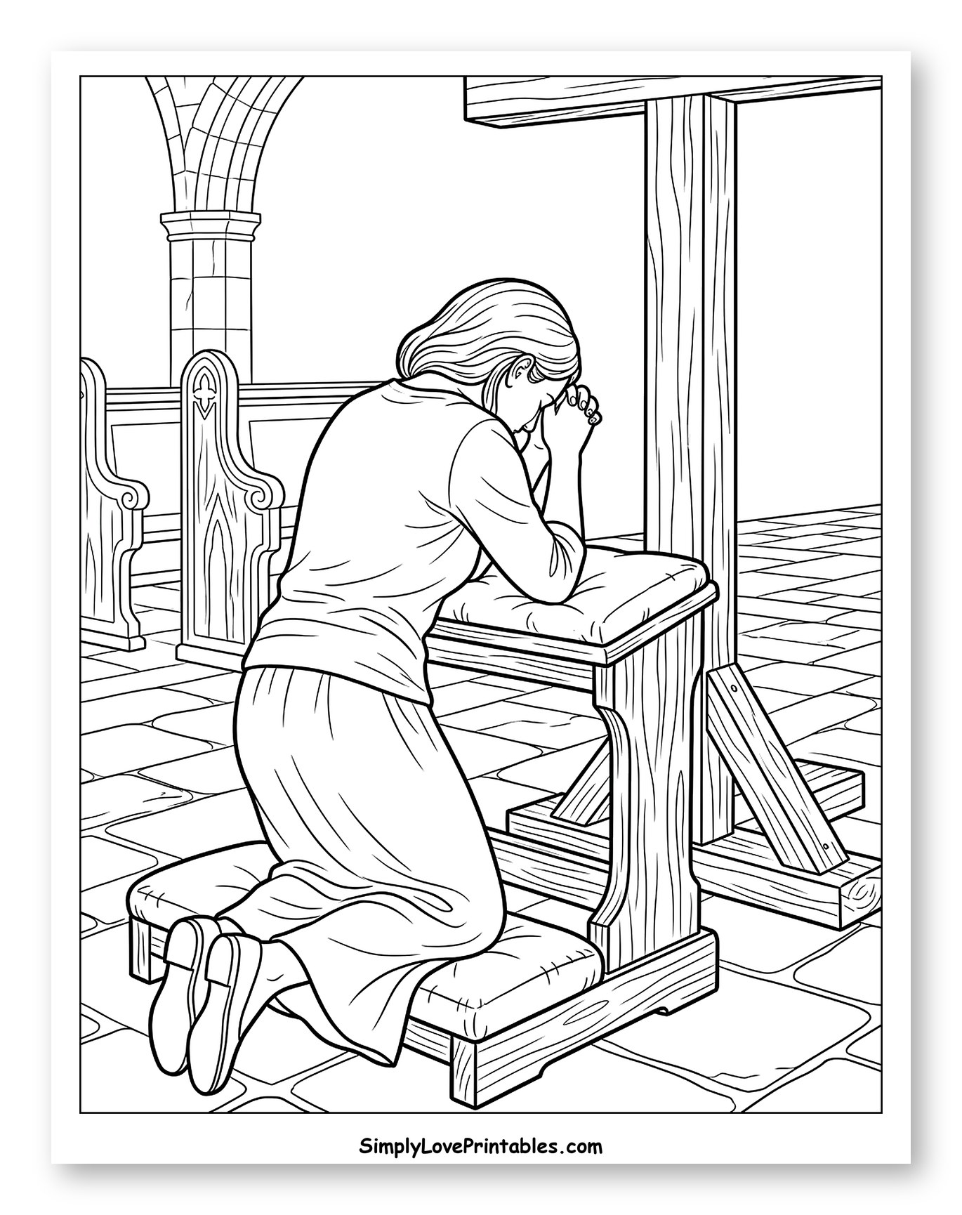 Woman Kneeling in Prayer in Church Coloring Page