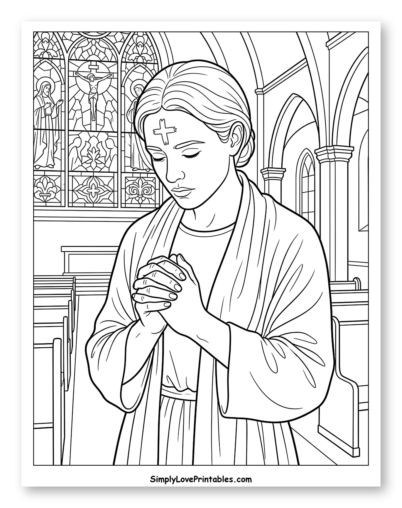 Woman Praying on Ash Wednesday in Church Coloring Page