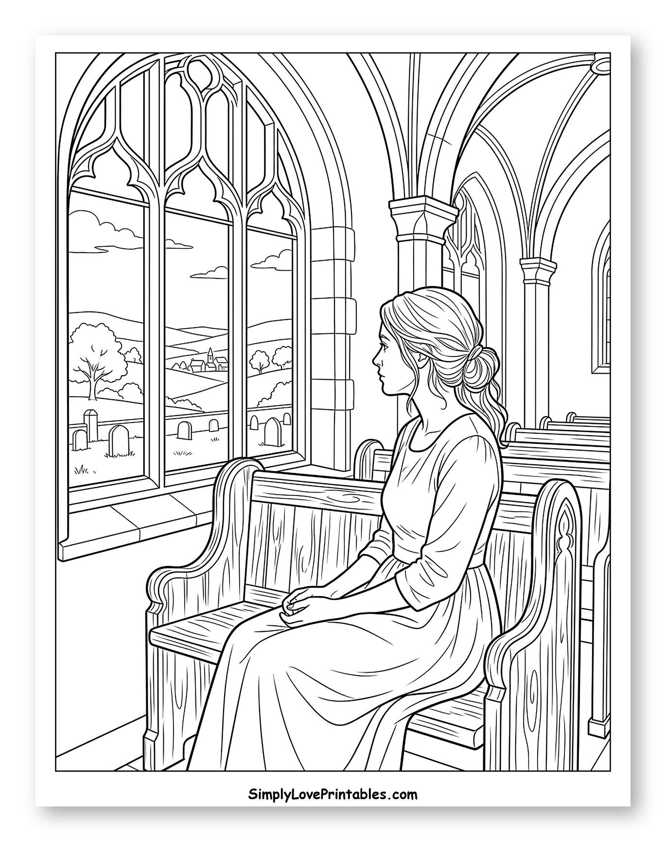 Woman Sitting in Church Pew Coloring Sheet