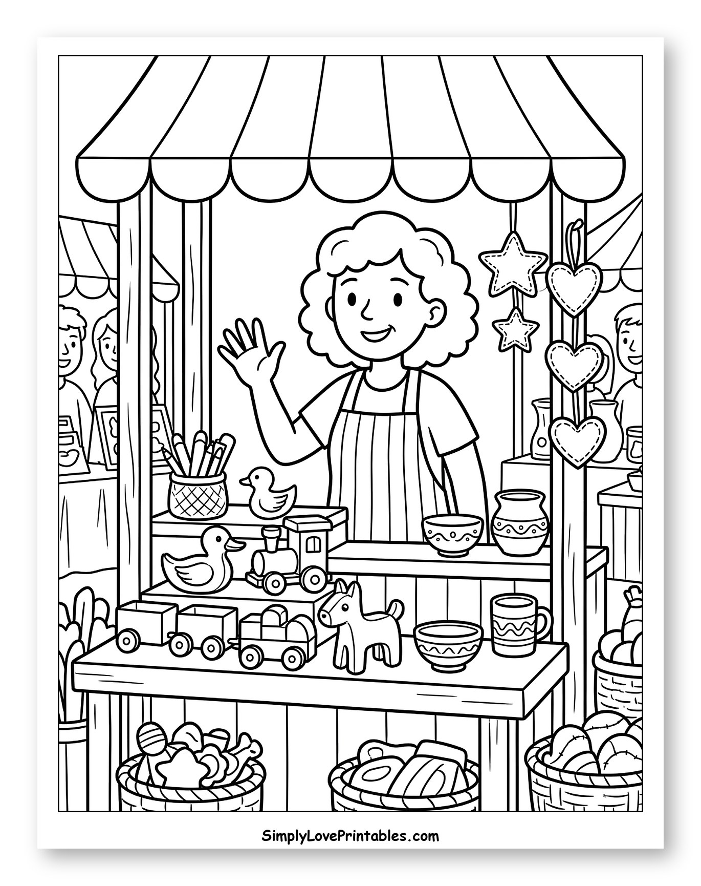 Woman Waving at Her Market Craft Stall Coloring Sheet for Kids