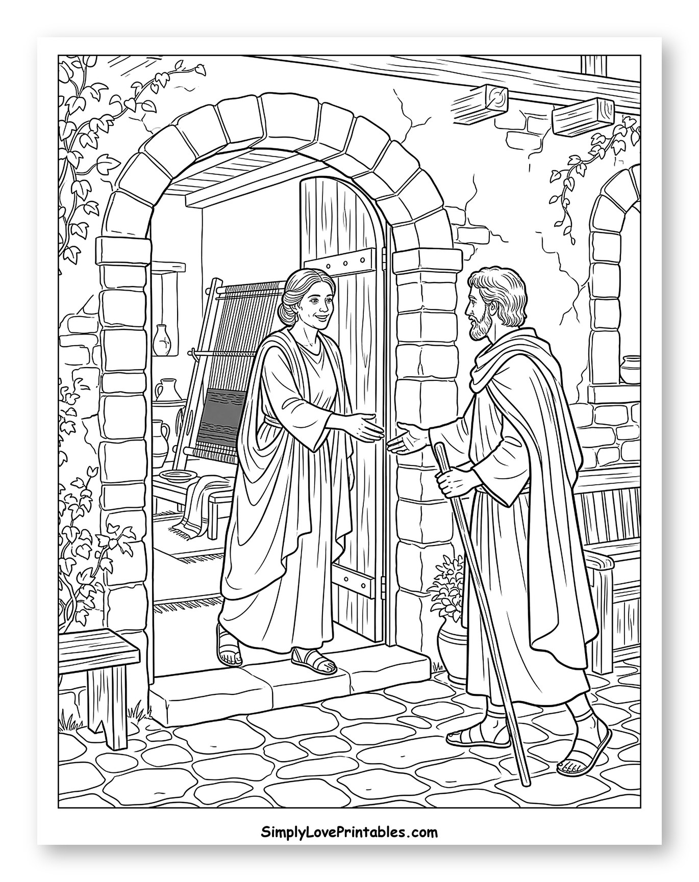 Woman Welcomes Apostle Paul at Doorway Coloring Sheet