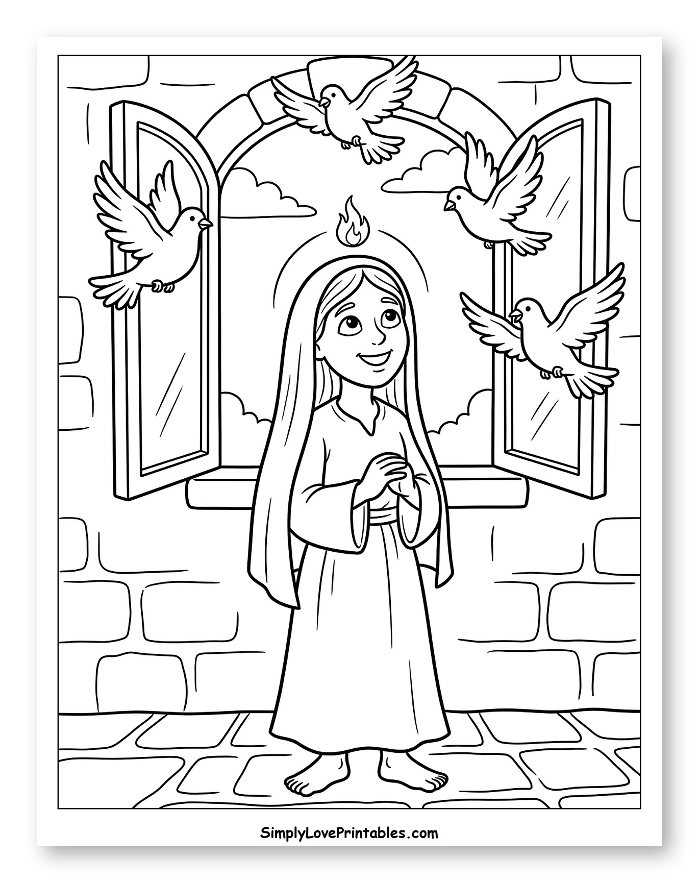 Woman with Flame and Doves at Window