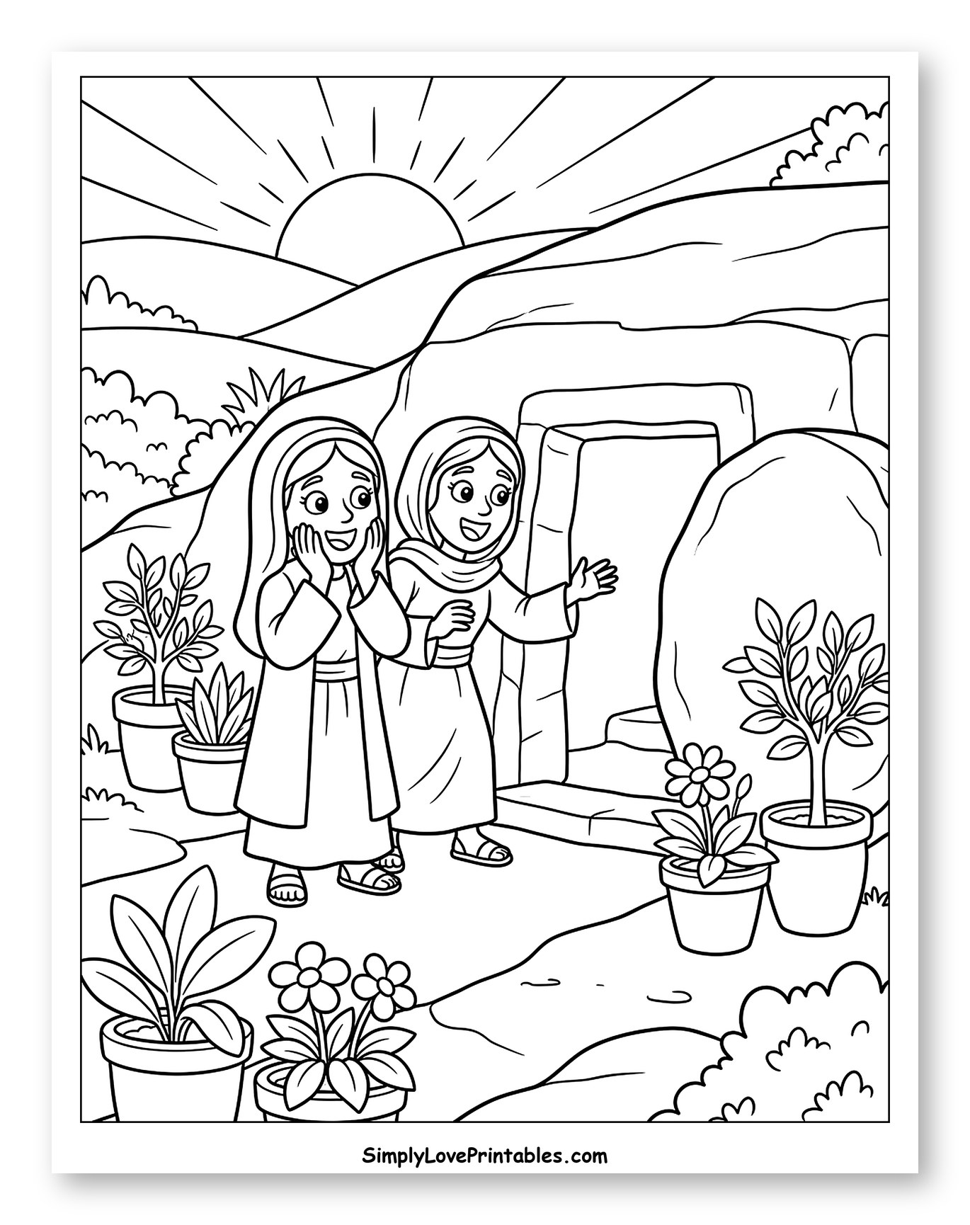 Women Discover Empty Tomb at Sunrise Coloring Sheet for Kids