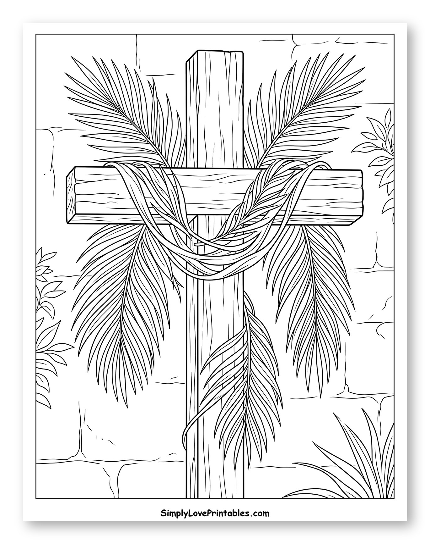 Wooden Cross Adorned with Palm Fronds Coloring Sheet