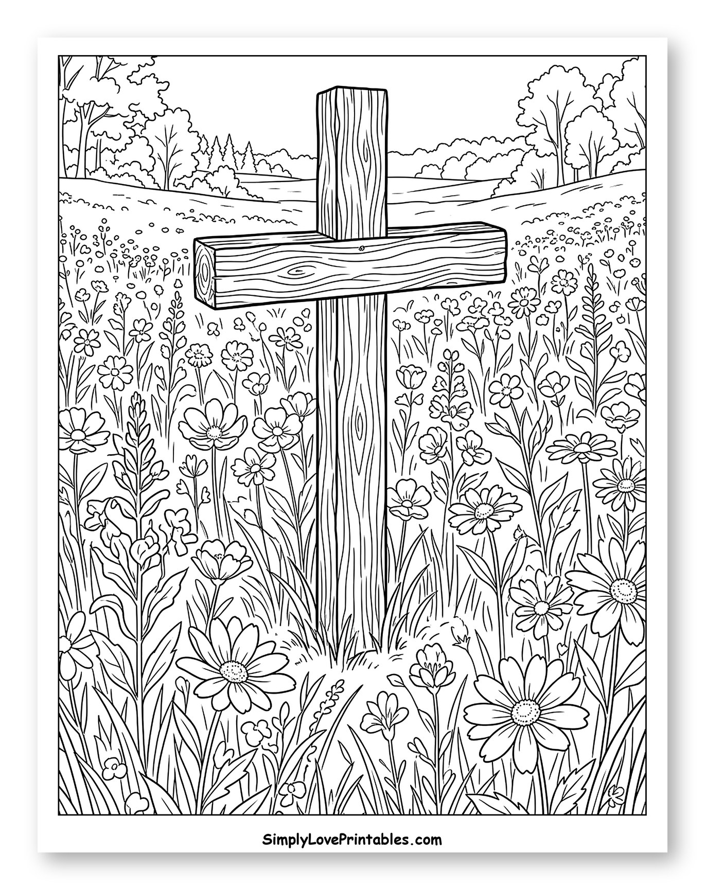 Wooden Cross in a Field of Wildflowers to Color