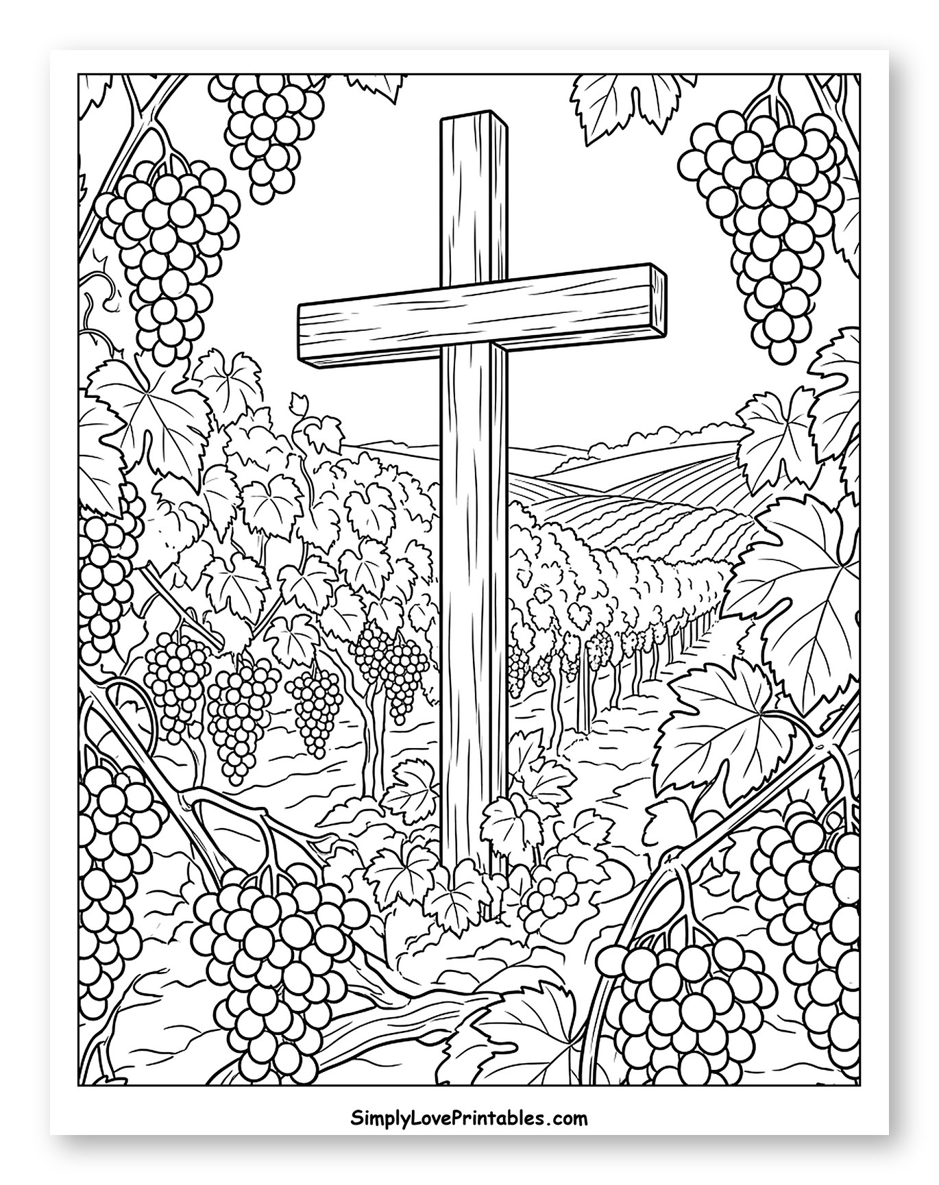 Wooden Cross in a Vineyard with Grapes