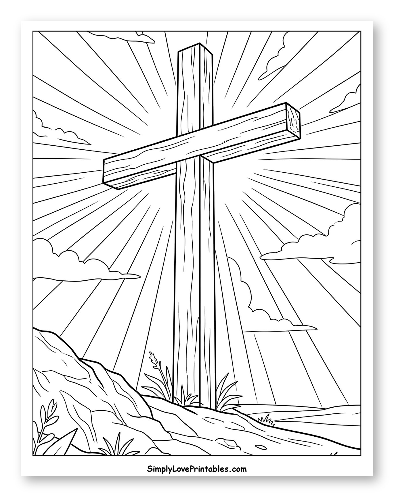 Wooden Cross on a Hill with Sun Rays Coloring Sheet