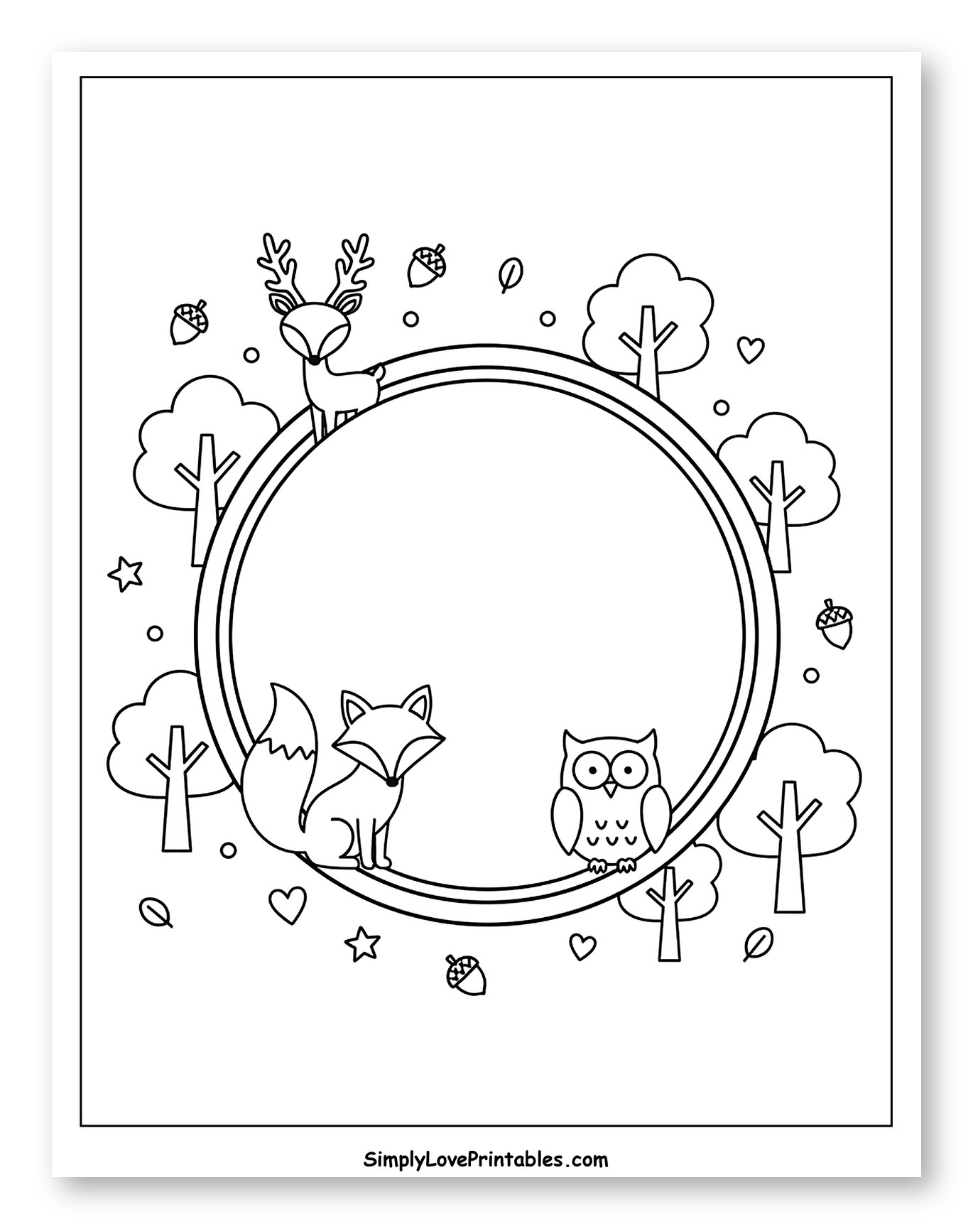 Woodland Animals and Nature Frame Coloring Page for Adults