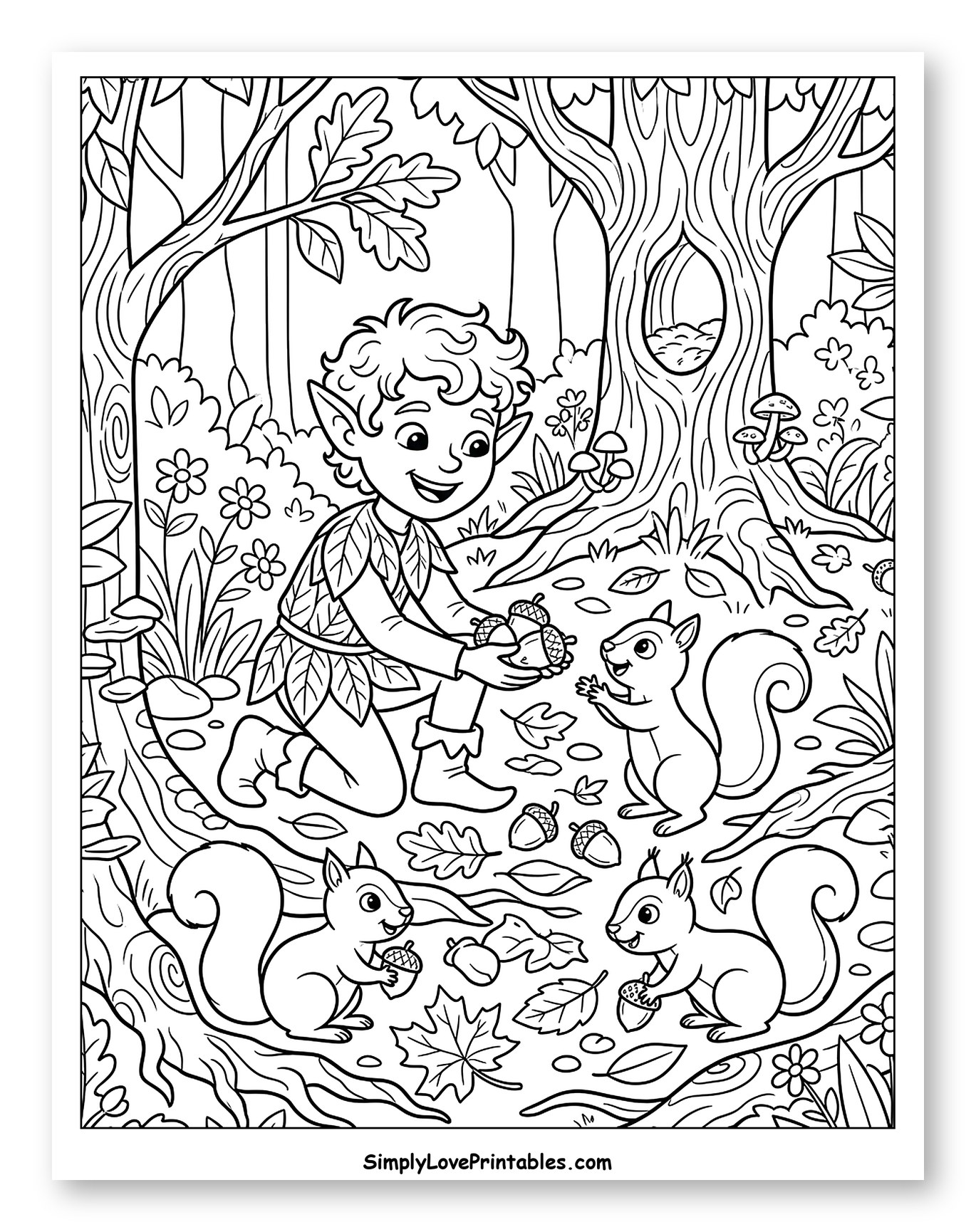 Woodland Elf Shares Acorns with Squirrel Friends