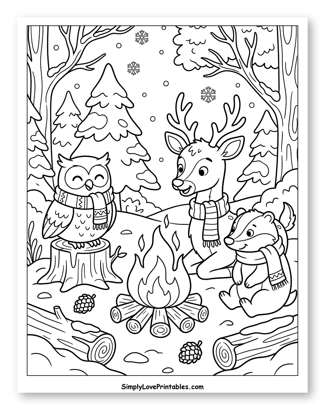 Woodland Friends with Scarves Around a Fire Coloring Sheet for Kids