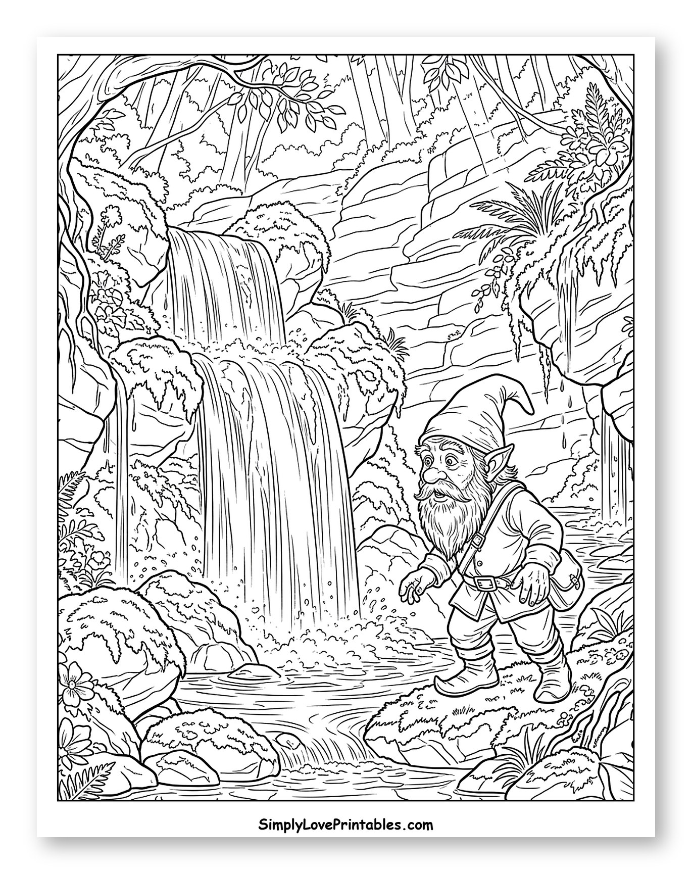 Woodland Gnome by a Rushing Waterfall Coloring Page