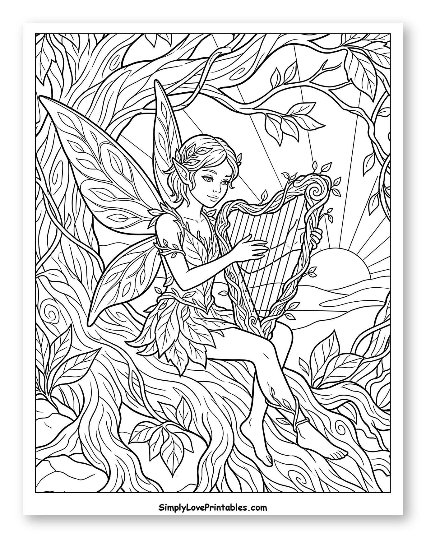 Woodland Pixie Playing Harp on Tree Roots Coloring Page