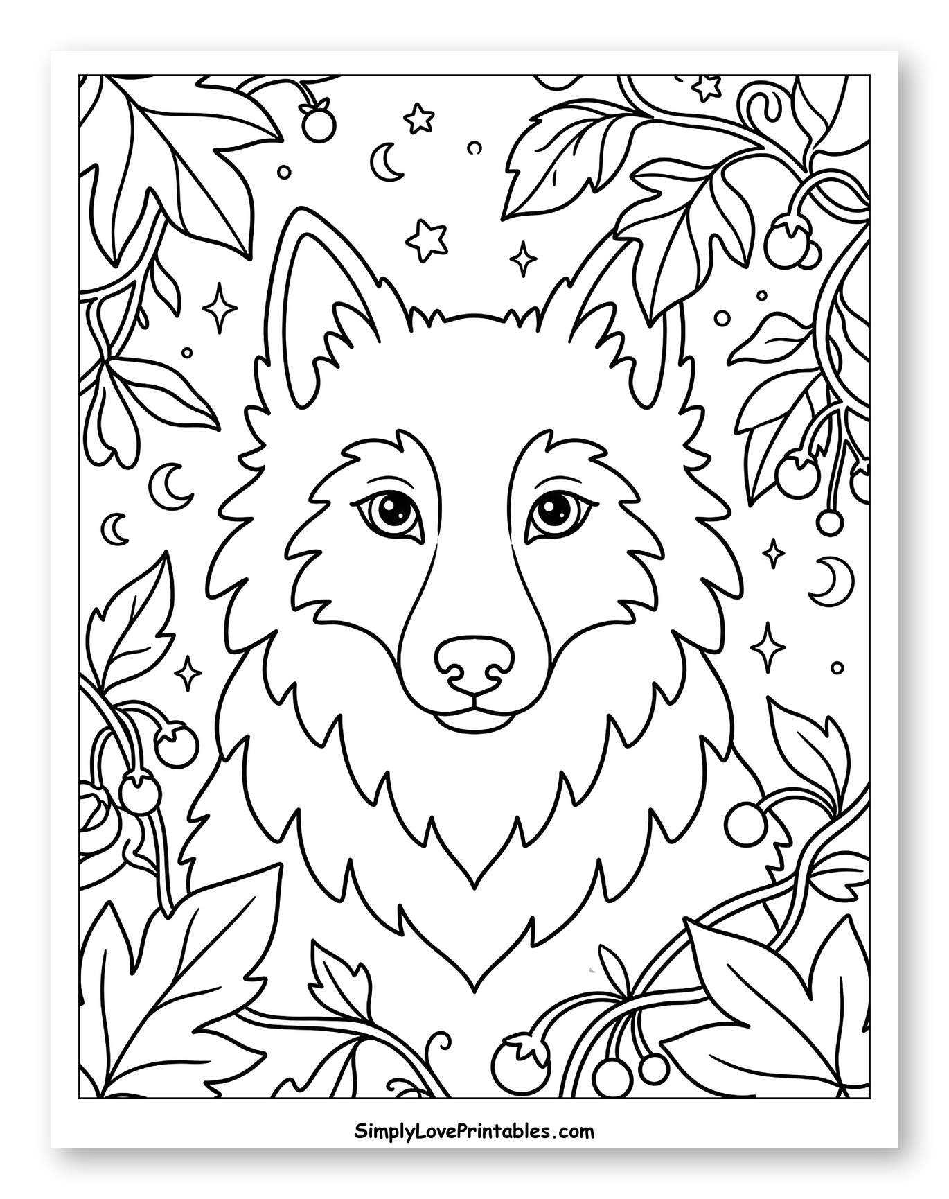 Woodland Wolf Portrait with Stars and Moons