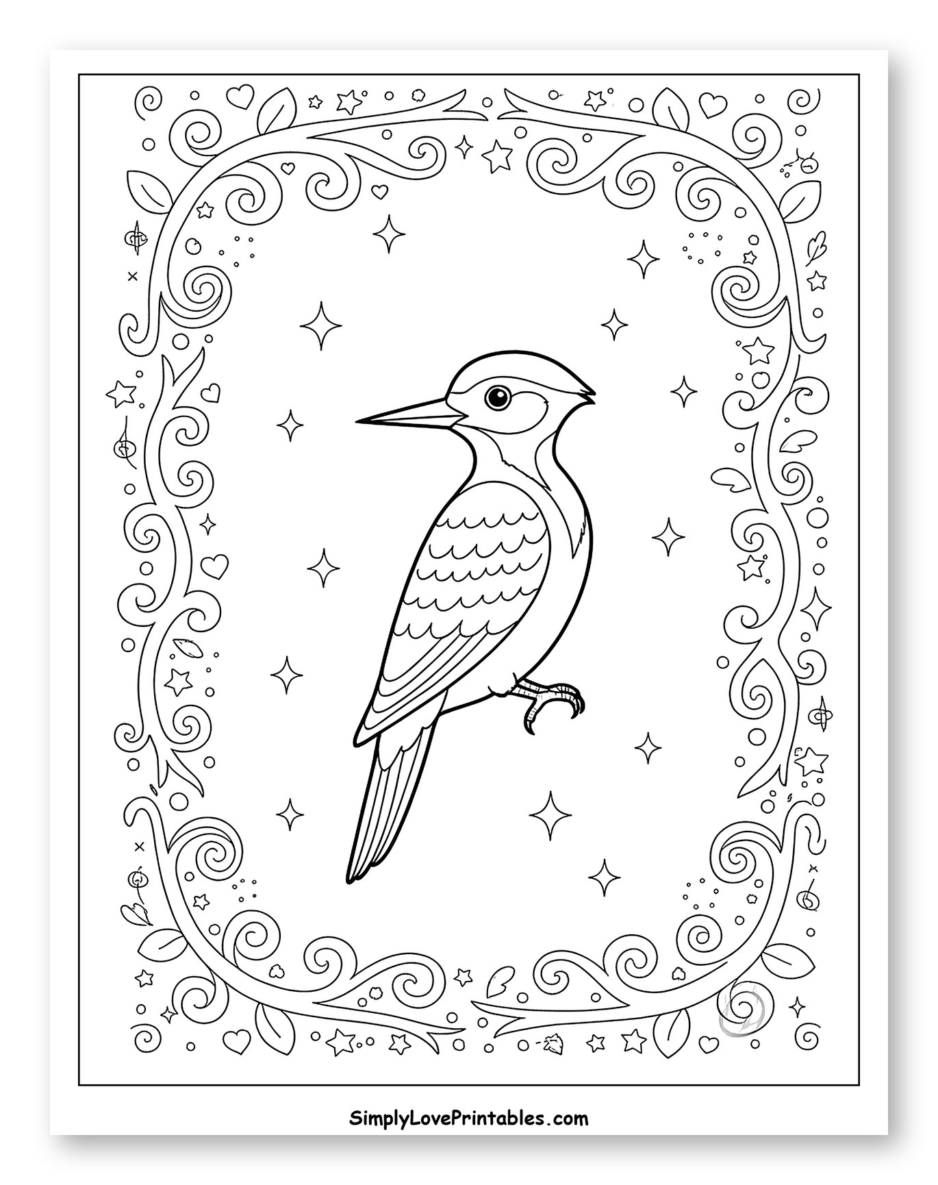 Woodpecker in a Whimsical Floral Frame Coloring Page for Adults