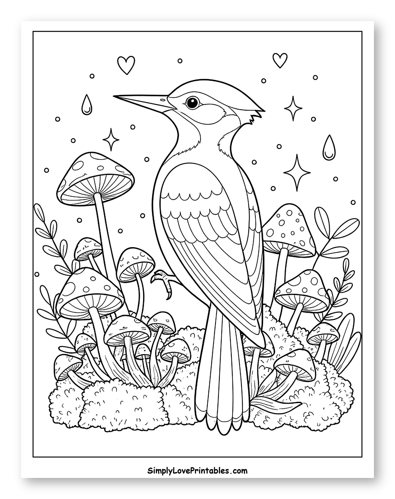 Woodpecker in a Whimsical Mushroom Forest