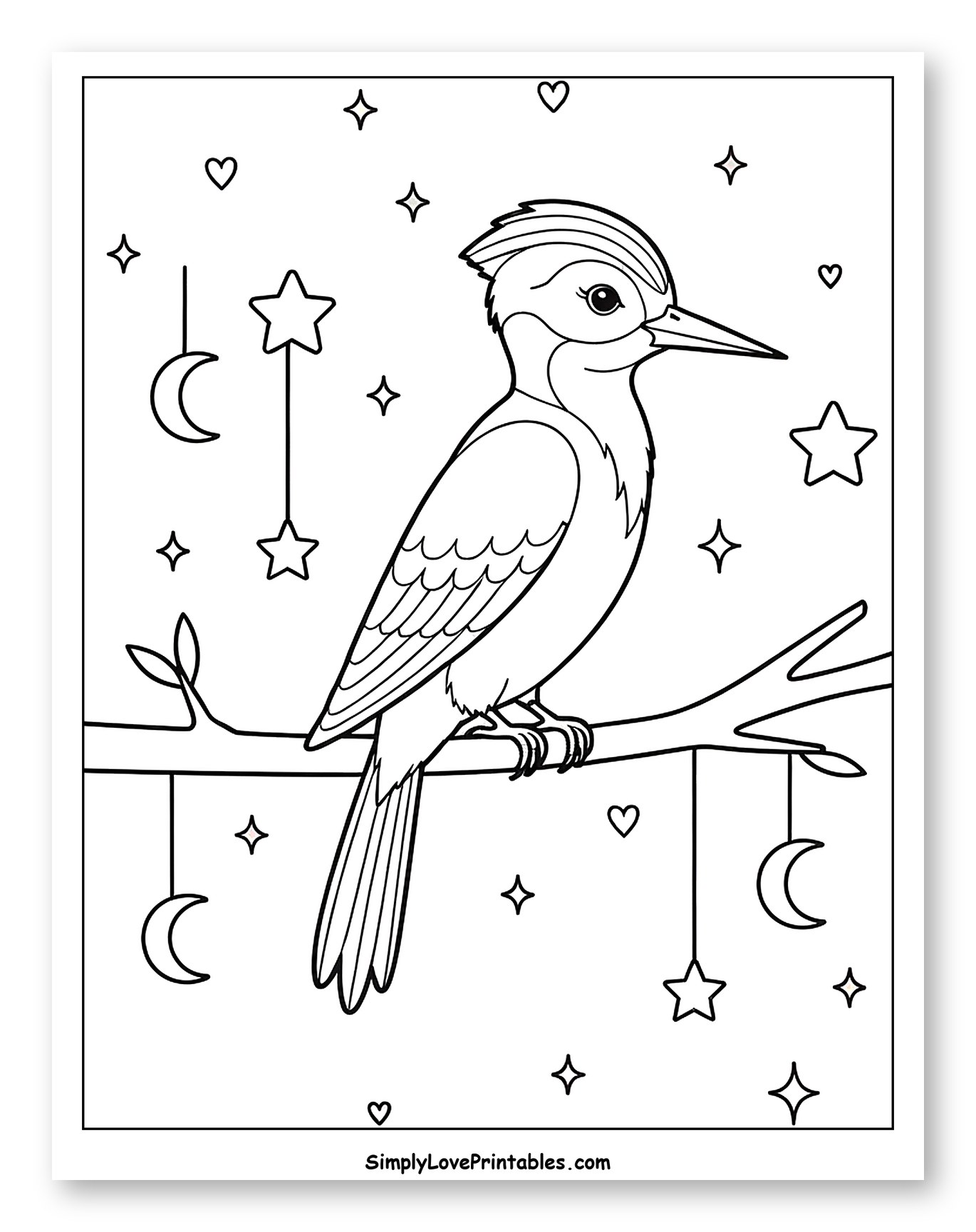 Woodpecker on Branch with Stars and Moons to Color for Adults